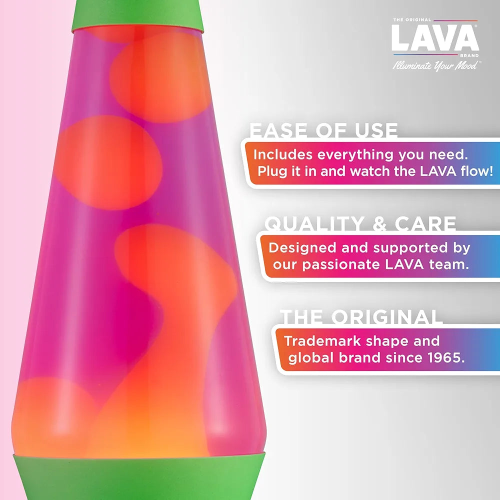 LAVA The Original Lamp - 14.5" Neon Green - Classic Liquid Motion Lamp - Orange and Pink Liquid