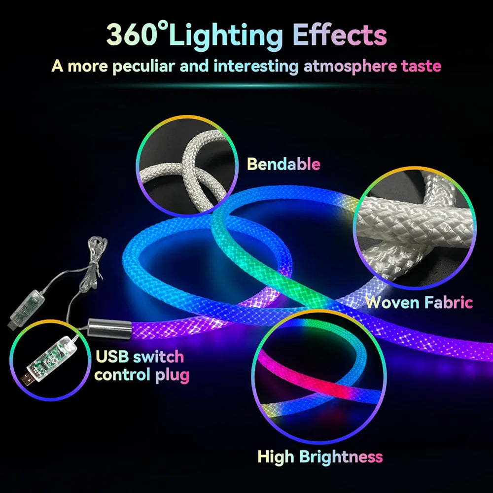 3 Meter Neon LED Rope Lights, 360° Luminous Waterproof Strip with Music Sync, Remote & APP Control, USB-Powered Flexible Lighting for Indoor/Outdoor Gaming Room, Bedroom, and Wall Decor