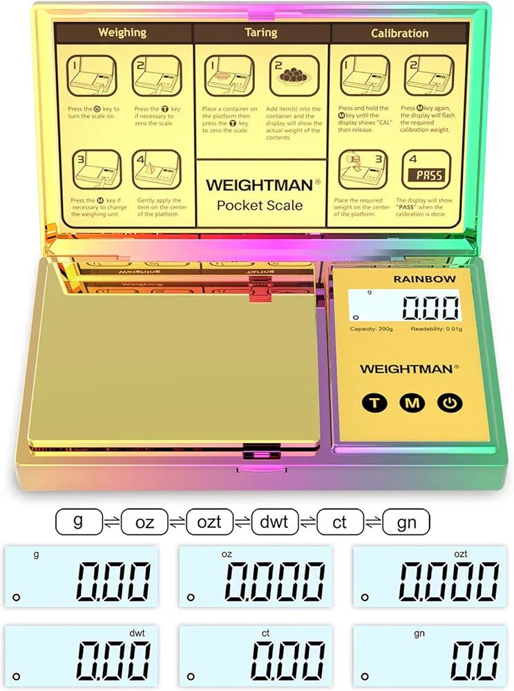 Multi Color Digital Scale Gram, 200g/0.01g Pocket Scale Gold Titanium Plating, LCD Backlit Display, Mini Jewelry Scale with 6 Units, Auto Off, Tare Function for Food, Coins, Battery Included