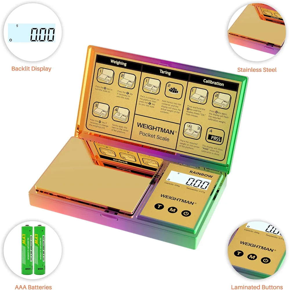 Multi Color Digital Scale Gram, 200g/0.01g Pocket Scale Gold Titanium Plating, LCD Backlit Display, Mini Jewelry Scale with 6 Units, Auto Off, Tare Function for Food, Coins, Battery Included