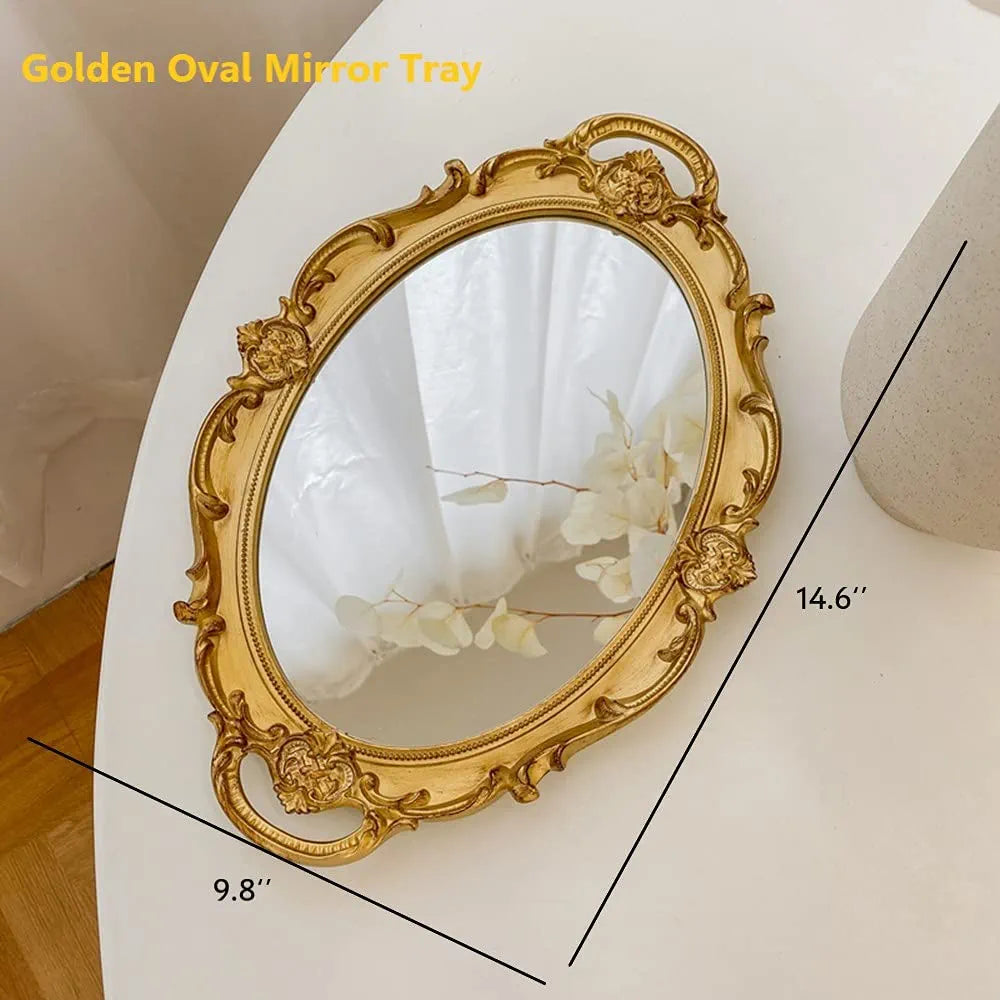 Schones Geschaft Decorative Mirror Tray (14.4”x 9.8”) (Gold - Oval)