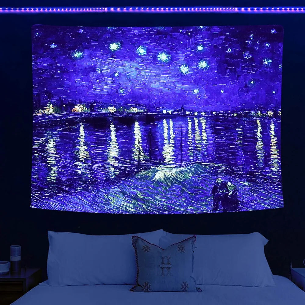 Van Gogh Starry Night Blacklight Tapestry Blacklight 59"x51"