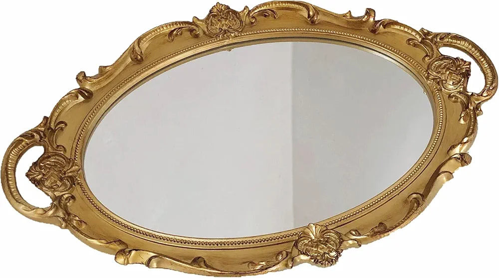 Schones Geschaft Decorative Mirror Tray (14.4”x 9.8”) (Gold - Oval)
