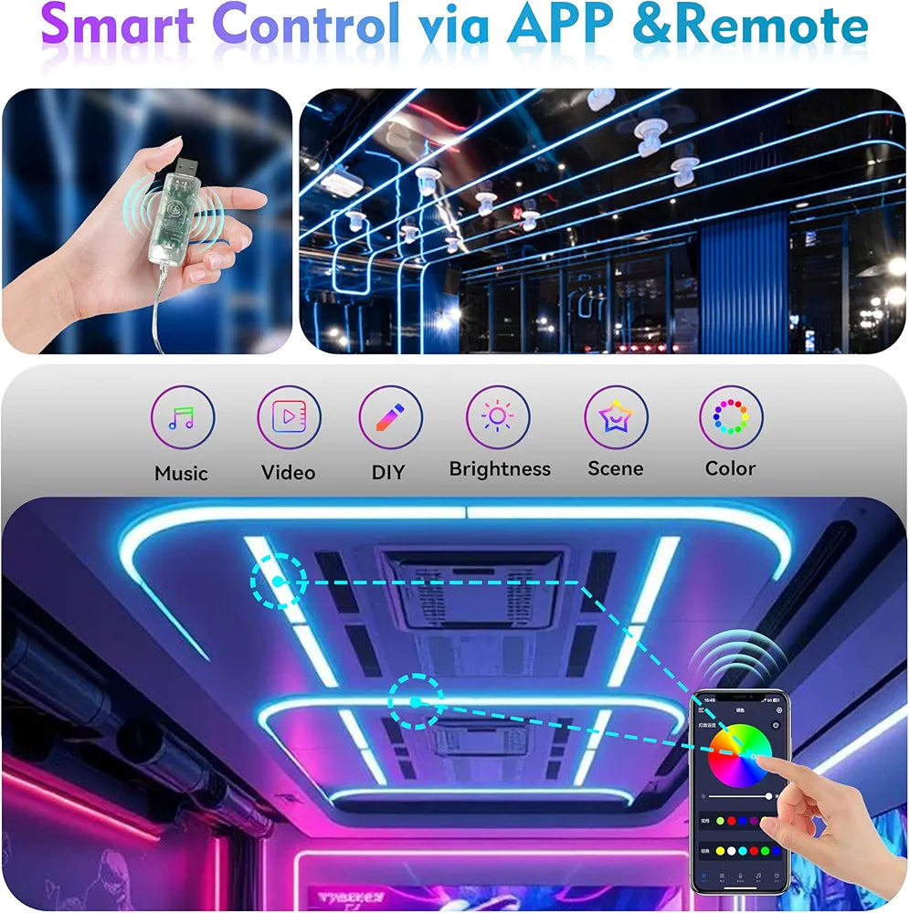 3 Meter Neon LED Rope Lights, 360° Luminous Waterproof Strip with Music Sync, Remote & APP Control, USB-Powered Flexible Lighting for Indoor/Outdoor Gaming Room, Bedroom, and Wall Decor