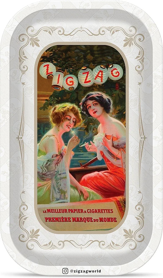 ZIG-ZAG Small Metal Rolling Tray with Vintage Lanterns Design, 10.75" x 6.5" 