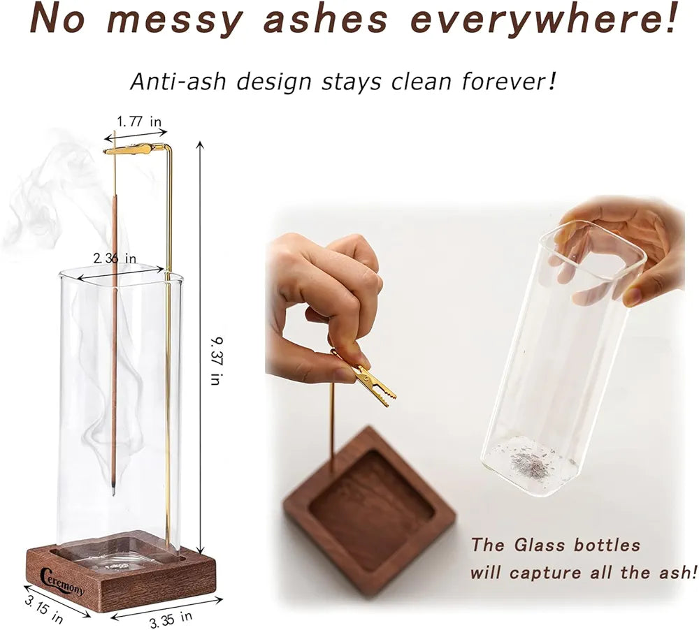 Incense Holder, Wooden Incense Holder for Sticks with Glass Ash Catcher, Anti-ash Incense Burner with 20 Incense Sticks and a Ash Brush