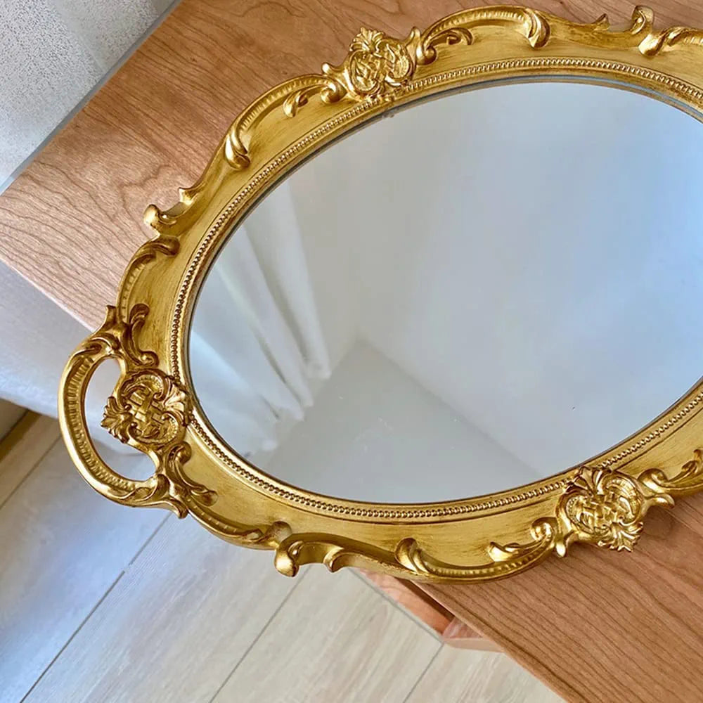 Schones Geschaft Decorative Mirror Tray (14.4”x 9.8”) (Gold - Oval)
