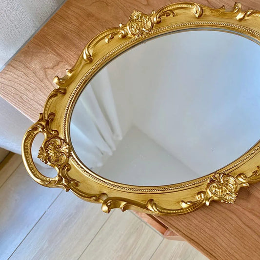 Schones Geschaft Decorative Mirror Tray (14.4”x 9.8”) (Gold - Oval)