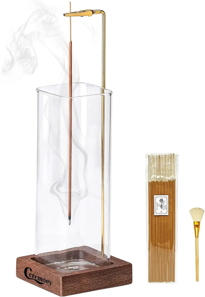 Incense Holder, Wooden Incense Holder for Sticks with Glass Ash Catcher, Anti-ash Incense Burner with 20 Incense Sticks and a Ash Brush