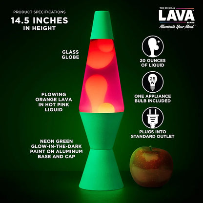LAVA The Original Lamp - 14.5" Neon Green - Classic Liquid Motion Lamp - Orange and Pink Liquid
