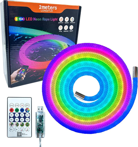 2 Meter Neon LED Rope Lights, 360° Luminous Waterproof Strip with Music Sync, Remote & APP Control, USB-Powered Flexible Lighting for Indoor/Outdoor Gaming Room, Bedroom, and Wall Decor