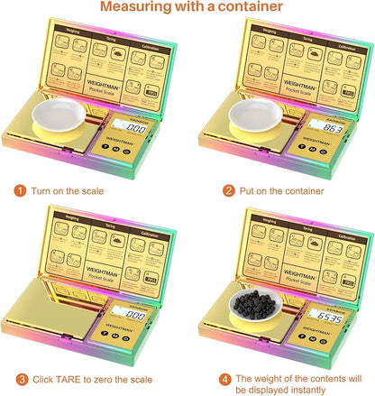 Multi Color Digital Scale Gram, 200g/0.01g Pocket Scale Gold Titanium Plating, LCD Backlit Display, Mini Jewelry Scale with 6 Units, Auto Off, Tare Function for Food, Coins, Battery Included