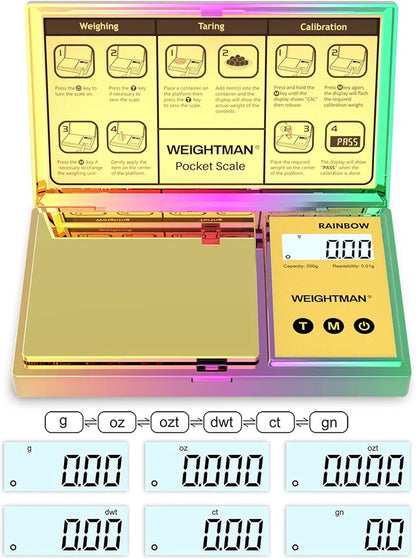 Multi Color Digital Scale Gram, 200g/0.01g Pocket Scale Gold Titanium Plating, LCD Backlit Display, Mini Jewelry Scale with 6 Units, Auto Off, Tare Function for Food, Coins, Battery Included