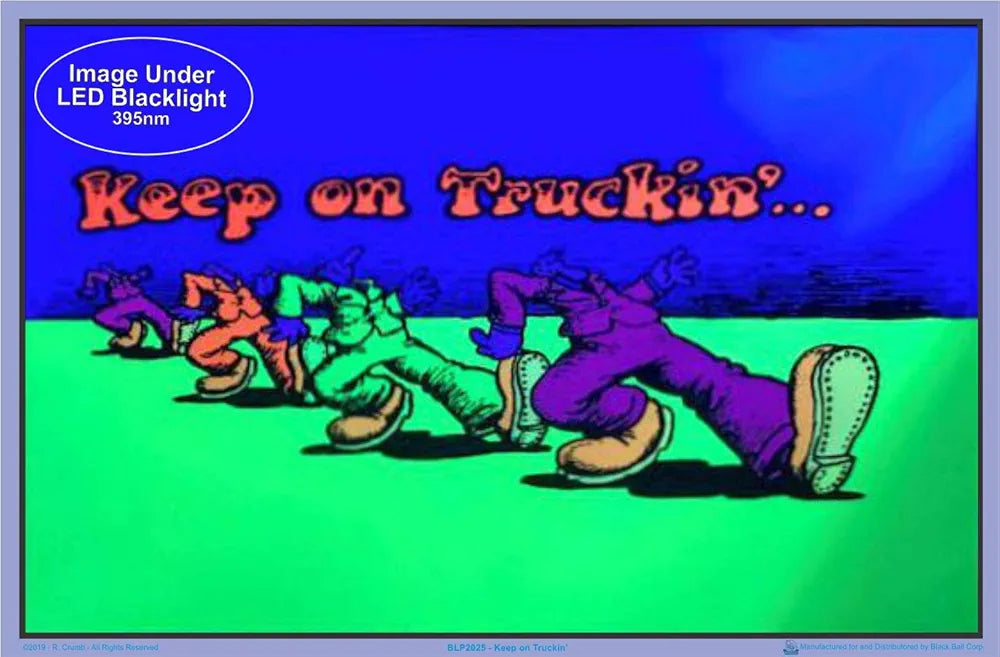 Keep on Truckin (by R. Crumb) Blacklight Poster - Authentic Blacklight-Reactive Flocked Material - 35" x 23"