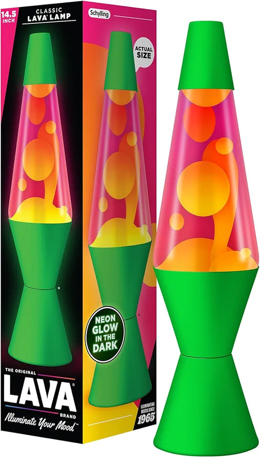 LAVA The Original Lamp - 14.5" Neon Green - Classic Liquid Motion Lamp - Orange and Pink Liquid
