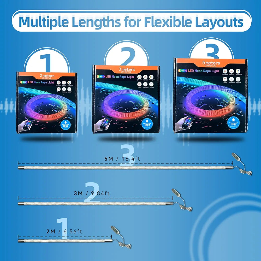 3 Meter Neon LED Rope Lights, 360° Luminous Waterproof Strip with Music Sync, Remote & APP Control, USB-Powered Flexible Lighting for Indoor/Outdoor Gaming Room, Bedroom, and Wall Decor