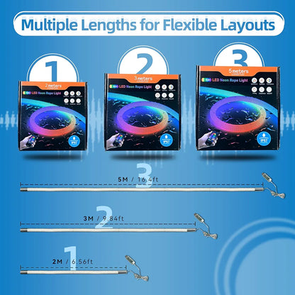 3 Meter Neon LED Rope Lights, 360° Luminous Waterproof Strip with Music Sync, Remote & APP Control, USB-Powered Flexible Lighting for Indoor/Outdoor Gaming Room, Bedroom, and Wall Decor