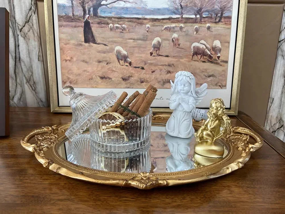 Schones Geschaft Decorative Mirror Tray (14.4”x 9.8”) (Gold - Oval)