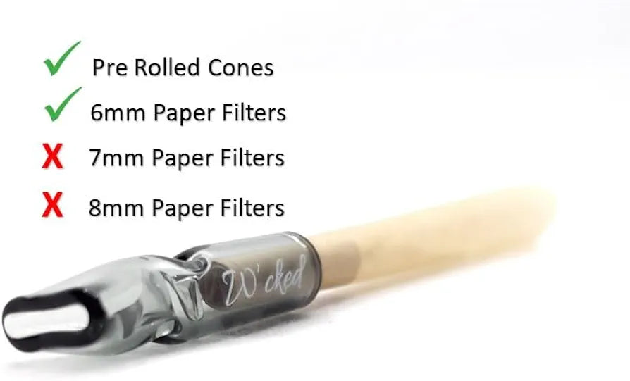 5PCS Reusable W'cked Glass Filter Tips for Pre Rolled Rolling Paper Cones Black