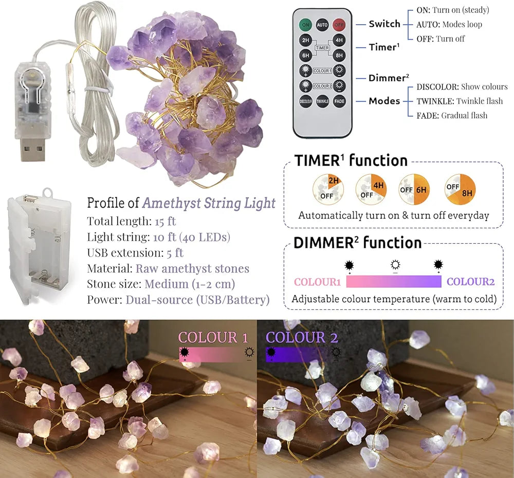 Amethyst Crystal String Lights 10 FT 20 LED