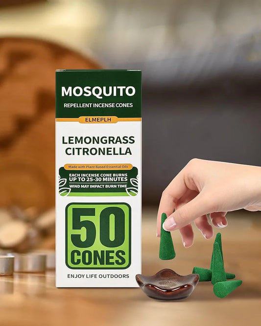 50 Pcs Mosquito Repellent Incense Cones - Natural Citronella Incense Cones for Camping, Patio, Hiking,Outdoor, etc - Includes 2 Ceramic Dishes
