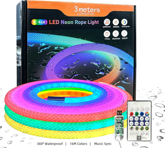 3 Meter Neon LED Rope Lights, 360° Luminous Waterproof Strip with Music Sync, Remote & APP Control, USB-Powered Flexible Lighting for Indoor/Outdoor Gaming Room, Bedroom, and Wall Decor