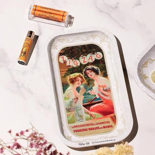 ZIG-ZAG Small Metal Rolling Tray with Vintage Lanterns Design, 10.75" x 6.5" 