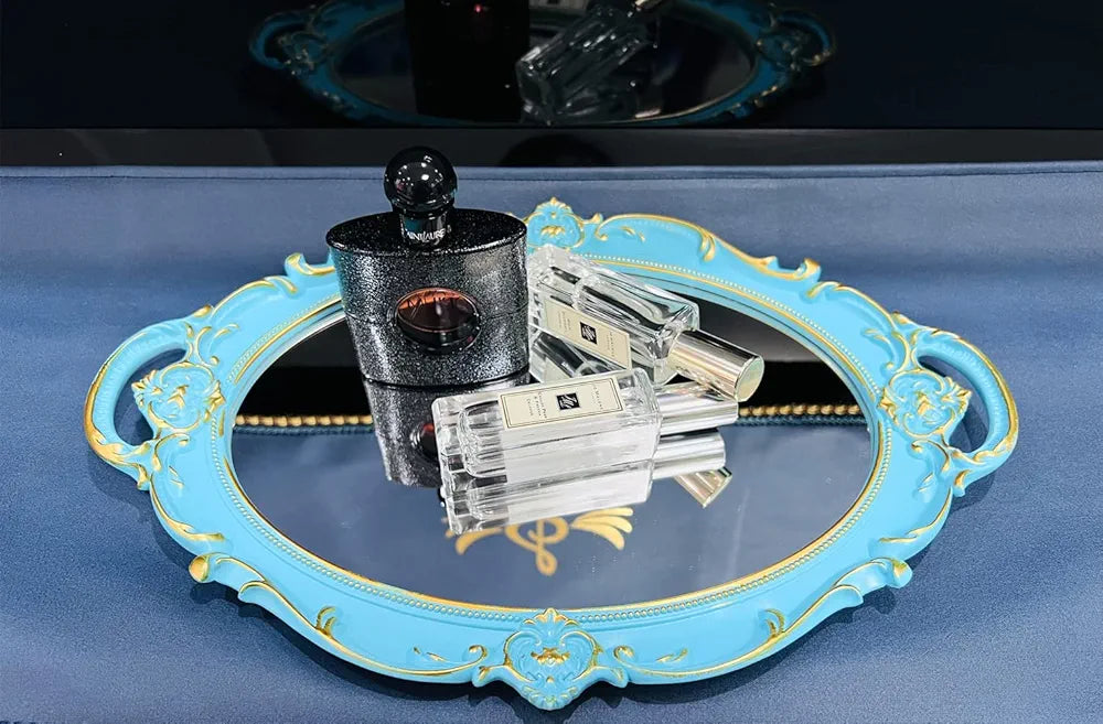 Schones Geschaft Decorative Mirror Tray (14.4”x 9.8”) (Blue - Oval)