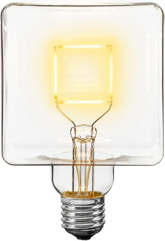 LED Cube Light, Unique Edison Bulb with Square Filament, Large Decorative Lamp, String, or Pendant Bulb, E26 Medium Base, 5W (50 Watt Equivalent) 2700K Warm White, Clear Coated Glass