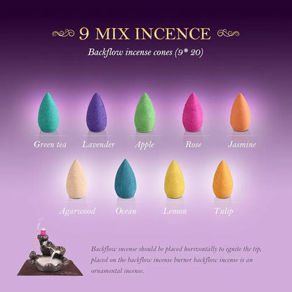 Backflow Incense Cones 180 Pcs of 100% Natural Handwork Scents