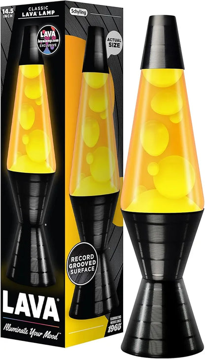 The Original LAVA® Lamp 14.5'' Vinyl Record Grooved Base - Classic Liquid Motion Lamp - Yellow Lava and Orange Liquid