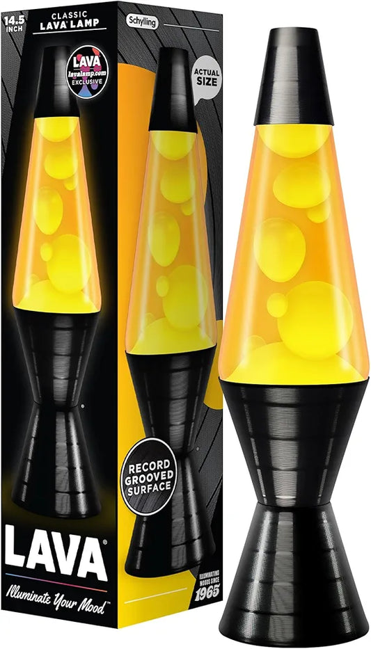 The Original LAVA® Lamp 14.5'' Vinyl Record Grooved Base - Classic Liquid Motion Lamp - Yellow Lava and Orange Liquid