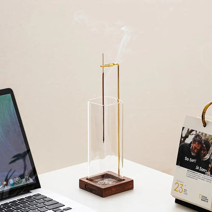Incense Holder, Wooden Incense Holder for Sticks with Glass Ash Catcher, Anti-ash Incense Burner with 20 Incense Sticks and a Ash Brush