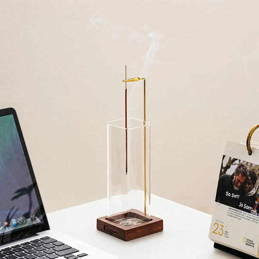 Incense Holder, Wooden Incense Holder for Sticks with Glass Ash Catcher, Anti-ash Incense Burner with 20 Incense Sticks and a Ash Brush