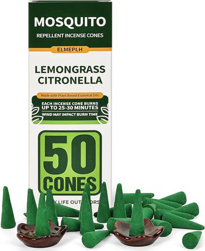 50 Pcs Mosquito Repellent Incense Cones - Natural Citronella Incense Cones for Camping, Patio, Hiking,Outdoor, etc - Includes 2 Ceramic Dishes