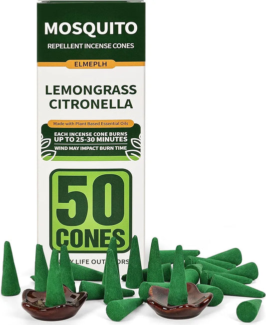 50 Pcs Mosquito Repellent Incense Cones - Natural Citronella Incense Cones for Camping, Patio, Hiking,Outdoor, etc - Includes 2 Ceramic Dishes
