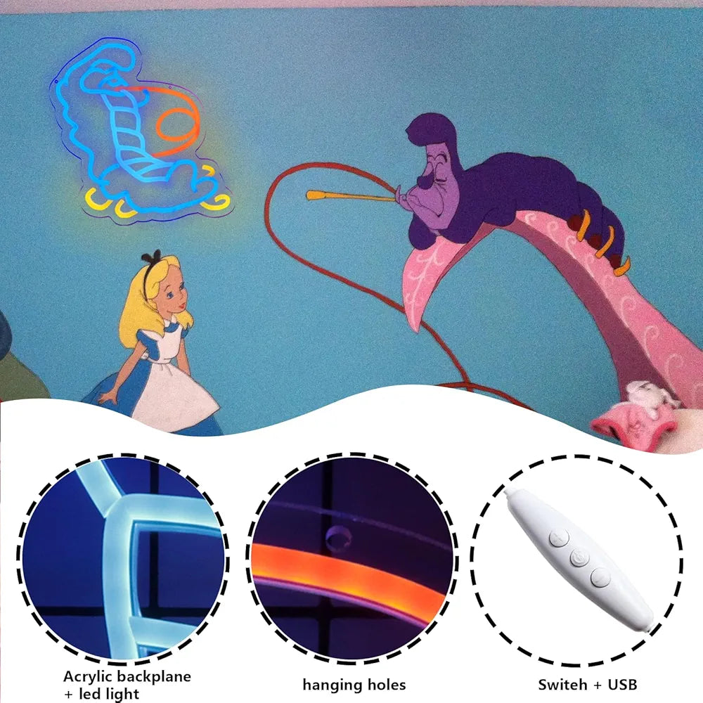 Alice in Wonderland Blue Caterpillar Neon Sign