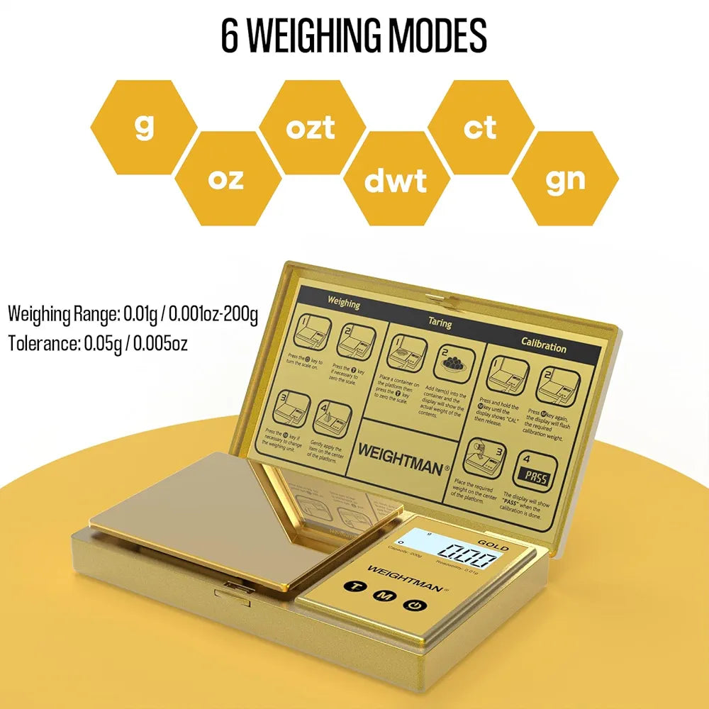 Gold Digital Scale Gram, 200g/0.01g Pocket Scale Gold Titanium Plating, LCD Backlit Display, Mini Jewelry Scale with 6 Units, Auto Off, Tare Function for Food, Coins, Battery Included