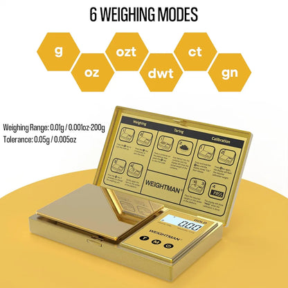Gold Digital Scale Gram, 200g/0.01g Pocket Scale Gold Titanium Plating, LCD Backlit Display, Mini Jewelry Scale with 6 Units, Auto Off, Tare Function for Food, Coins, Battery Included