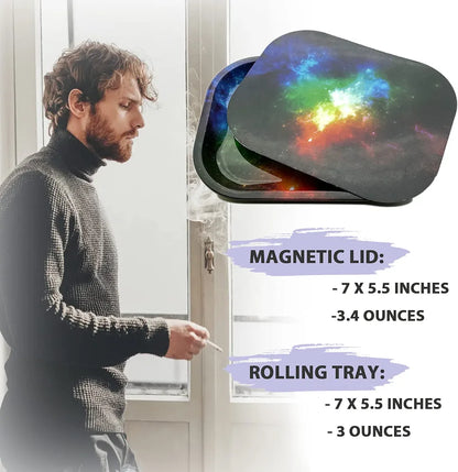 Metal Rolling Tray with Magnetic Lid, Galaxy Printing Rolling Tray with Lid (7”x5.5”)