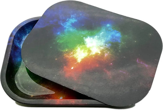 Metal Rolling Tray with Magnetic Lid, Galaxy Printing Rolling Tray with Lid (7”x5.5”)