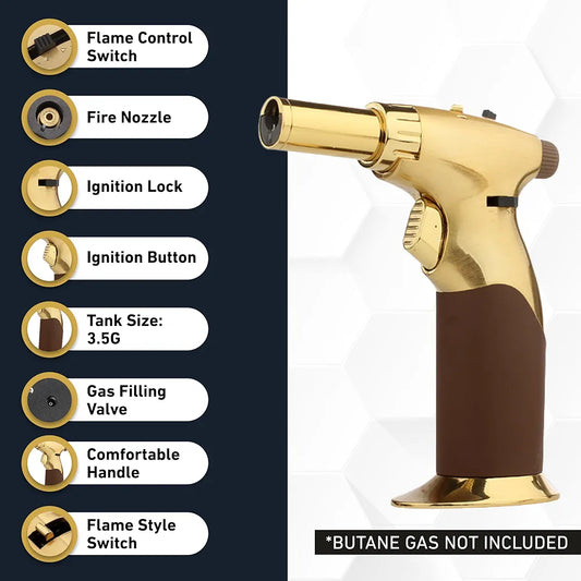 Dual Flame Butane Torch Gun - Refillable Luxury Hand Torch Gold