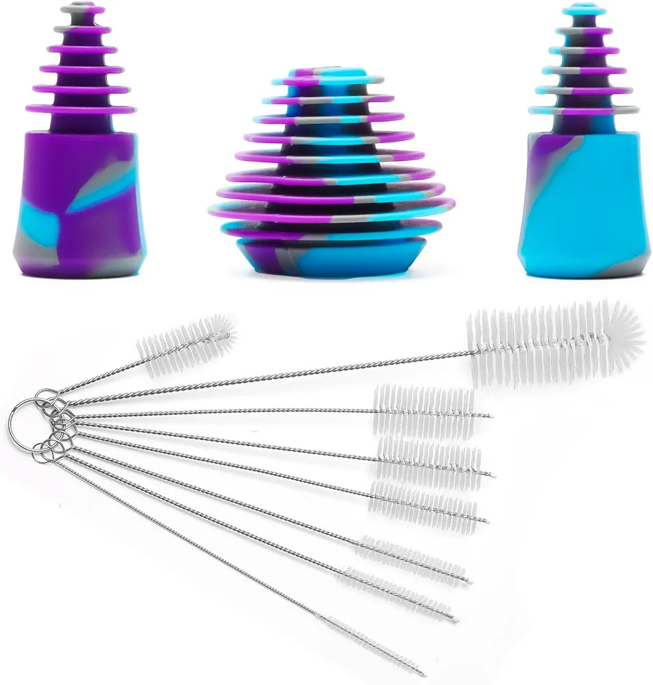 Silicone Cleaning Plugs, 3PCS Silicone Cleaning Stoppers, with 8PCS Bottle Brushes Set for Cleaning, Storaging, and Proofing Glass Water Pipes
