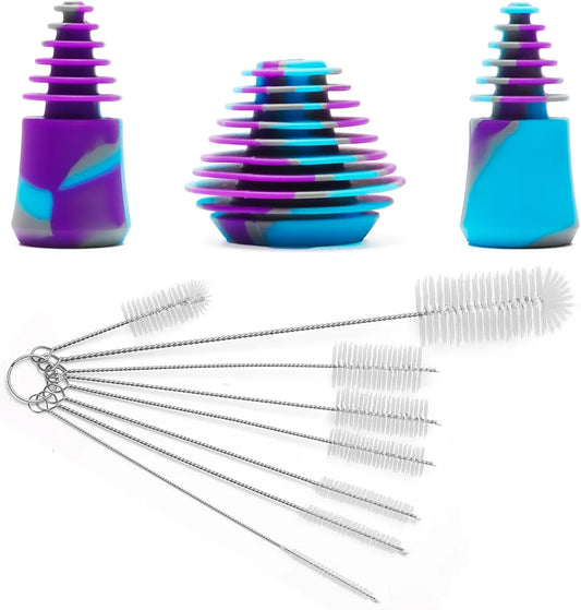 Silicone Cleaning Plugs, 3PCS Silicone Cleaning Stoppers, with 8PCS Bottle Brushes Set for Cleaning, Storaging, and Proofing Glass Water Pipes