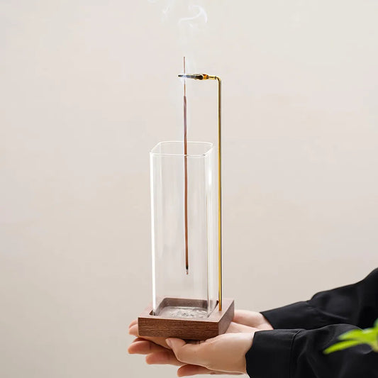 Incense Holder, Wooden Incense Holder for Sticks with Glass Ash Catcher, Anti-ash Incense Burner with 20 Incense Sticks and a Ash Brush