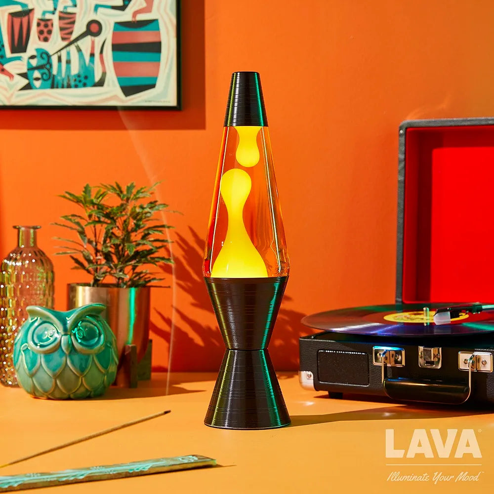 The Original LAVA® Lamp 14.5'' Vinyl Record Grooved Base - Classic Liquid Motion Lamp - Yellow Lava and Orange Liquid
