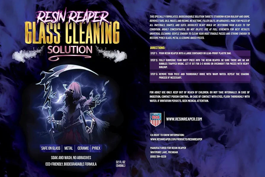 Resin Reaper Glass Cleaner 32 OZ | Pipe Cleaner | Safe on Glass, Metal, Ceramic, and Pyrex | 420 710 Friendly Cleaning | Soak and Wash - No Abrasives - Eco-Friendly, Biodegradable Formula
