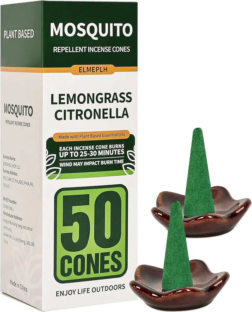 50 Pcs Mosquito Repellent Incense Cones - Natural Citronella Incense Cones for Camping, Patio, Hiking,Outdoor, etc - Includes 2 Ceramic Dishes
