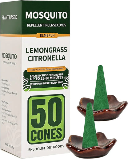 50 Pcs Mosquito Repellent Incense Cones - Natural Citronella Incense Cones for Camping, Patio, Hiking,Outdoor, etc - Includes 2 Ceramic Dishes
