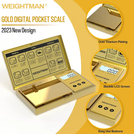 Gold Digital Scale Gram, 200g/0.01g Pocket Scale Gold Titanium Plating, LCD Backlit Display, Mini Jewelry Scale with 6 Units, Auto Off, Tare Function for Food, Coins, Battery Included